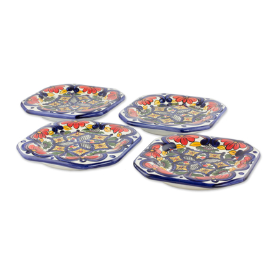 Ceramic salad plates, 'Floral Octagons' (set of 4) - Handmade Talavera Style Ceramic Dessert Plates (Set of 4)