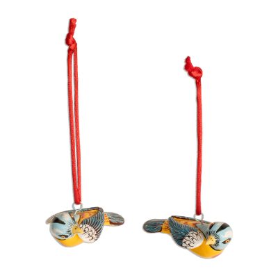 Ceramic ornaments, 'Seven Colors' (pair) - Handcrafted Pair of Ceramic Bird Ornaments