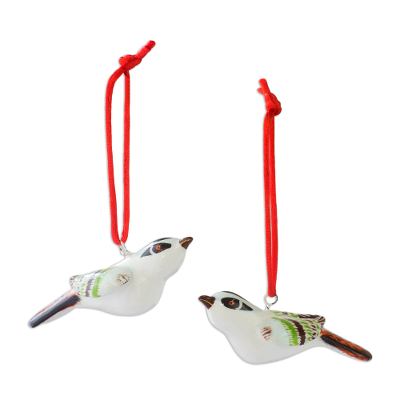 Ceramic ornaments, 'Reed Bunting' (pair) - Hand Crafted Christmas Ceramic Bird Ornament (Pair)