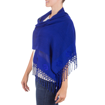 Shawl, 'Cobalt Blue Fiesta' - Artisan Crafted Women's Rayon Shawl Wrap