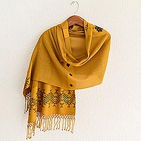 Shawl, 'Hillside Lullaby' - Unique Central American Embroidered Yellow Shawl