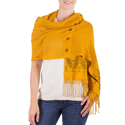 Unique Central American Embroidered Yellow Shawl