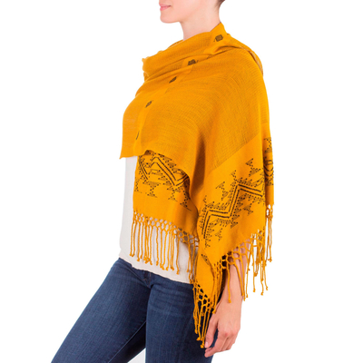 Shawl, 'Hillside Lullaby' - Unique Central American Embroidered Yellow Shawl