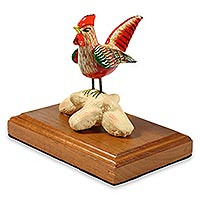 Ceramic figurine, 'Red Rooster' - Handcrafted Ceramic and Cedar Wood Bird Sculpture