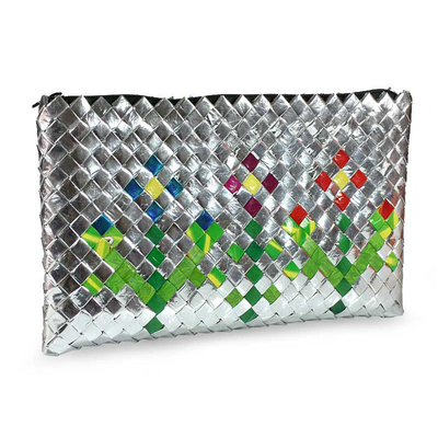 Recycled metalized wrapper clutch handbag, 'Garden Flower' - Recycled metalized wrapper clutch handbag