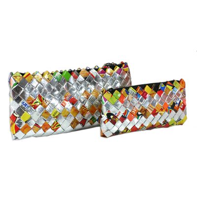 Recycled metalized wrapper cosmetic bags, 'Shine' (pair) - Recycled metalized wrapper cosmetic bags