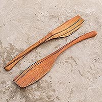 Cucharas de madera para ensalada, 'Peten Cuisine' (par) - Set de 2 Utensilios de Madera Artesanales para Servir