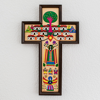 Pinewood cross, 'Village of Love' - Guatemalan Hand Painted Wood Cross