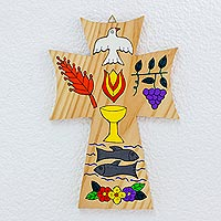 Cruz de madera de pino, 'Pan de Vida' - Cruz Religiosa de Pared de Madera