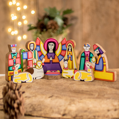Pinewood nativity scene, 'Christmas Color' (11 pieces) - Handmade Religious Wood Nativity Scene Sculpture (11 Pieces)
