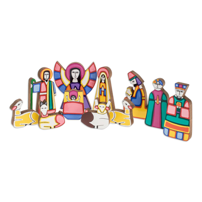 Krippenspiel aus Kiefernholz, 'Christmas Color' (11 Stück) - Handgefertigte Krippenskulptur aus religiösem Holz (11 Stücke)