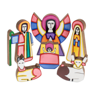 Krippenspiel aus Kiefernholz, 'Christmas Color' (11 Stück) - Handgefertigte Krippenskulptur aus religiösem Holz (11 Stücke)