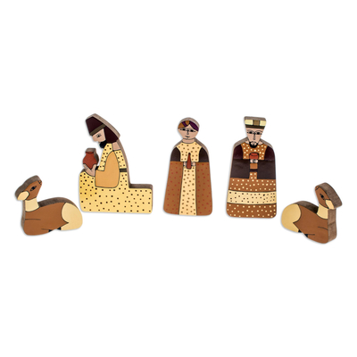 Pinewood nativity scene, 'Christmas Gift' (11 pieces) - Christianity Wood Nativity Scene Sculpture (11 Pieces)