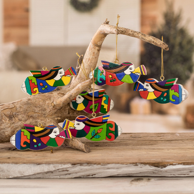 Pinewood ornaments, 'Angel Trumpets' (set of 6) - Set of 6 Christmas Wood Ornaments