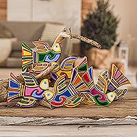 Pinewood ornaments, 'Skybird' (set of 6) - Handcrafted Bird Ornaments from Central America (Set of 6)