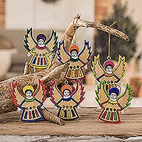 Pinewood ornaments, 'Angel Song' (set of 6)