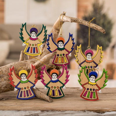 Pinewood ornaments, Angel Song (set of 6)
