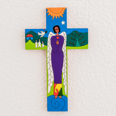 Pinewood cross, 'Angel of Peace' - Handmade Cross Wall Decor from Guatemala