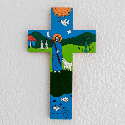 Pinewood cross, 'The Good Shepherd' - Handcrafted Religious Wood Wall Cross