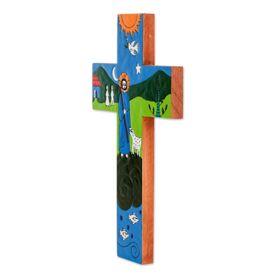 Kiefernholzkreuz, 'Der gute Hirte - Handgefertigtes religiöses Holzwandkreuz