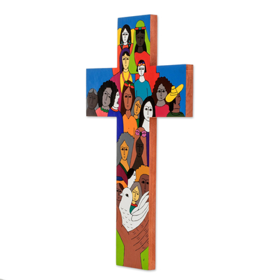 Pinewood cross, 'Peace on Earth' - Handcrafted Multicolor Christianity Wood Cross