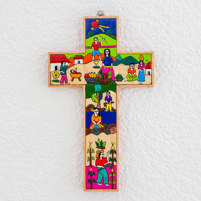 Pinewood cross, 'Life in the Country' - Fair Trade Hand Painted Wood Cross