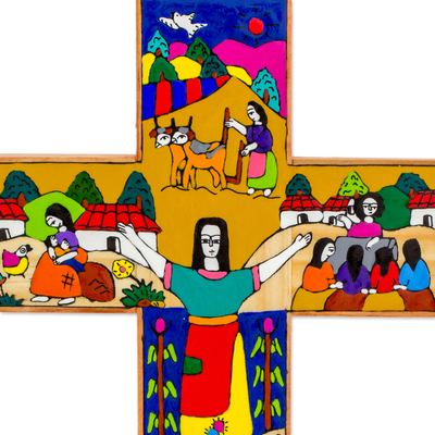 Kiefernholzkreuz 'Country Woman' - Handgefertigtes religiöses Wandkreuz aus Holz