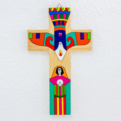 Kiefernholzkreuz 'Heiliger Geist' - Handgefertigtes religiöses Holzkreuz aus Mittelamerika