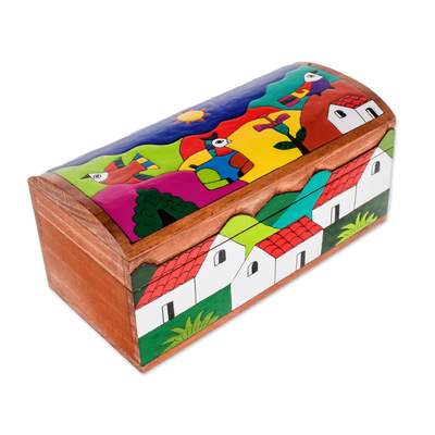 Pinewood box, 'My Village' - Painted Wood Decorative Box
