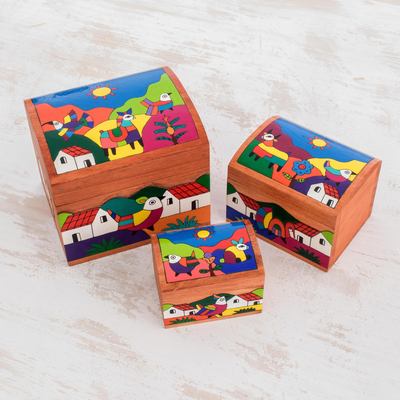 Pinewood boxes, 'Animal Friends' (set of 3) - Wood Bird Decorative Box (Set of 3)