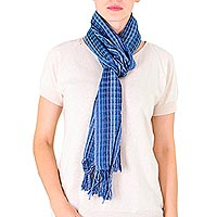 Cotton scarf, 'Sapphire Nahualateis River' - Fair Trade Blue Cotton Scarf