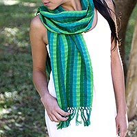 Cotton scarf, 'Jade Fields' - Green Cotton Scarf Woven By Hand