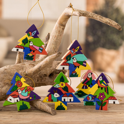 Pinewood ornaments, 'Christmas Trees' (set of 6) - Pinewood ornaments (Set of 6)