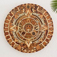 Wood inlay wall decor, 'Aztec Calendar' - Central American Archaeological Wood Calendar