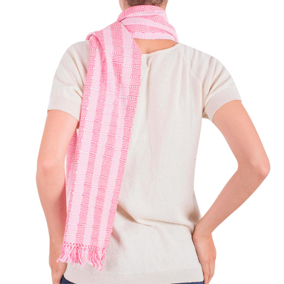 Cotton scarf, 'Tzutujil Rose' - Unique Hand Woven Cotton Scarf