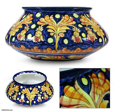 Ceramic flower pot, 'Golden Splendor' - Ceramic flower pot