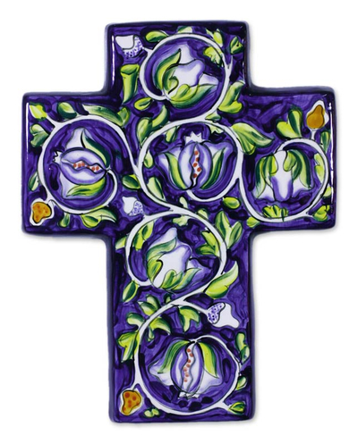 Ceramic cross, 'Water Hyacinths' - Ceramic cross