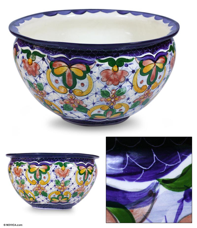 Ceramic flower pot, 'Starlight Flowers' - Ceramic flower pot