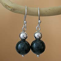 Jade dangle earrings, 'Double Moon in Dark Green' - Collectible Sterling Silver Dangle Jade Earrings