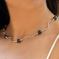Jade beaded necklace, 'Usumacinta' - Hand Crafted Sterling Silver Beaded Jade Necklace