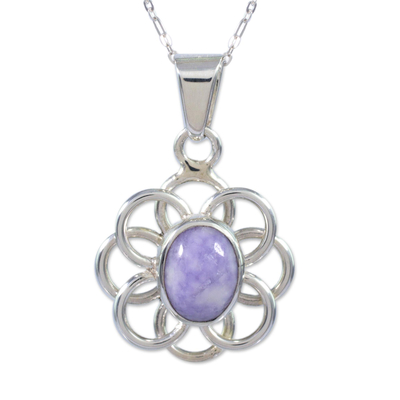Jade flower necklace, 'Maya Lilac' - Unique Floral Sterling Silver Pendant Jade Necklace