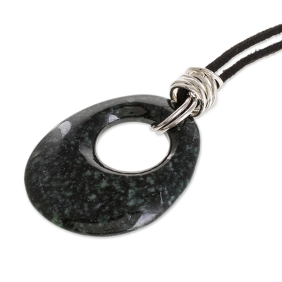 Jade pendant necklace, 'Green Jaguar Night' - Sterling Silver and Leather Cord Jade Necklace