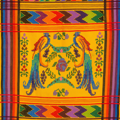 Cotton table runner, 'Yellow Quetzal' - Handwoven Cotton Bird Table Runner