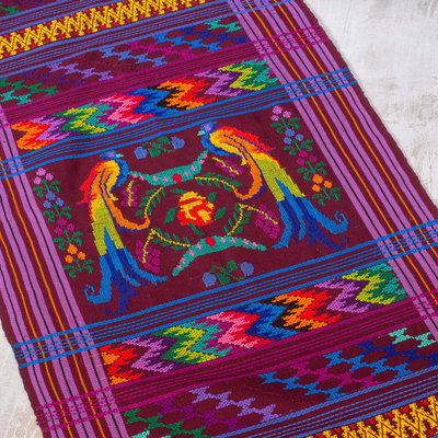 Tischläufer aus Baumwolle, 'Bunter Quetzal'. - Tischläufer aus mittelamerikanischer handgewebter Baumwolle
