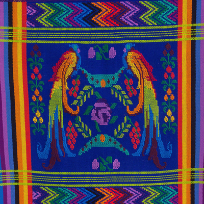 Cotton table runner, 'Blue Quetzal' -  Hand Woven Cotton Bird Table Runner 