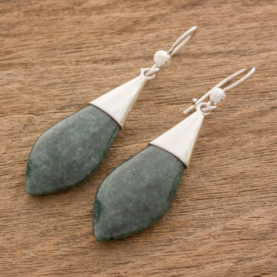 Jade dangle earrings, 'Maya Lance of Life' - Fair Trade Good Luck Sterling Silver Jade Dangle Earrings