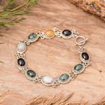 Jade and yellow quartz link bracelet, 'Jocotenango Rainbow' - Handcrafted Sterling Silver Link Jade Bracelet