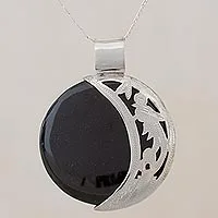 Jade pendant necklace, 'Quetzal Eclipse' - Jade and Sterling Silver Sun and Moon Necklace 