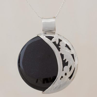 Jade pendant necklace, 'Quetzal Eclipse' - Sun and Moon Sterling Silver Pendant Jade Necklace