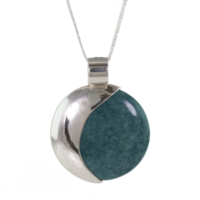 Jade pendant necklace, 'Quetzal Eclipse' - Sun and Moon Sterling Silver Pendant Jade Necklace